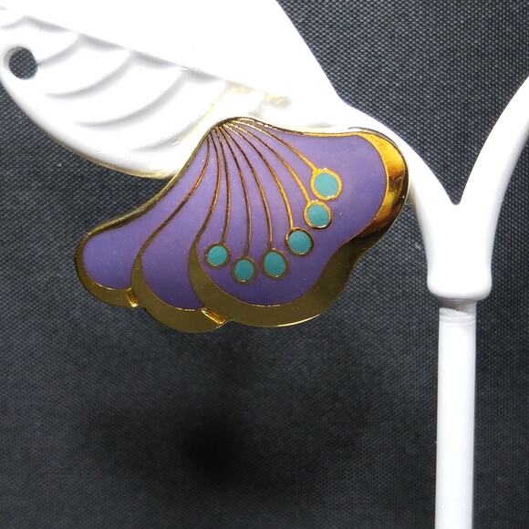 Laurel Burch Peony Post Earrings, Gold Plated Cloisonne Enamel, 1980s Vintage - Picture 2 of 10